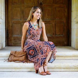 Chelsea & Theodore Spaghetti Strap Orange Multi Color Maxi Peplum Dress L
